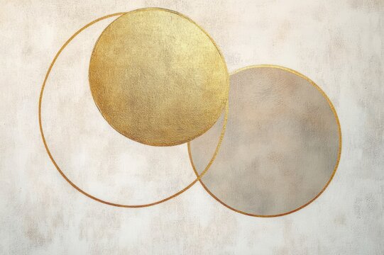 two overlapping textured circles with gold rims on a neutral painted background, minimalist serene composition evoking calm elegance