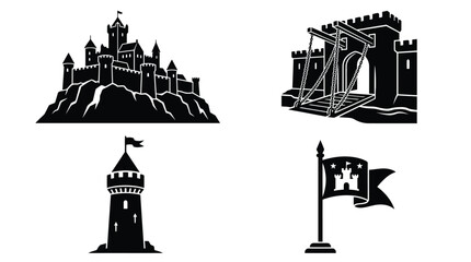 Castle Silhouettes With Flags And Towers Black On White Background © Tamim