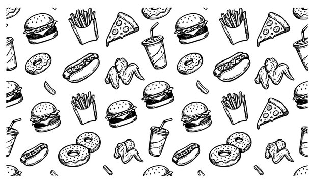 Fast food doodle seamless pattern vector with hand drawn burger fries pizza snack background