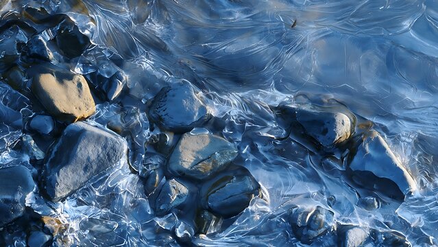 Crystal clear freshwater ice surrounding smooth river stones in winter