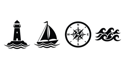Nautical Silhouettes Lighthouse Sailboat Compass Rose And Waves On White © Tamim