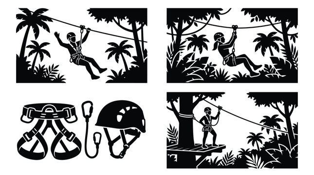 Zipline Silhouette With Harness And Helmet Black And White Illustration