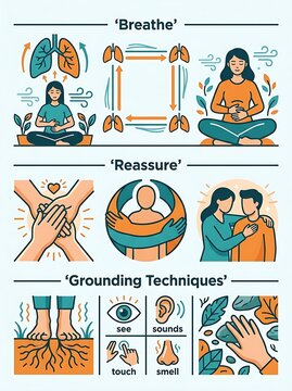 Mental health infographic with breathing and grounding techniques