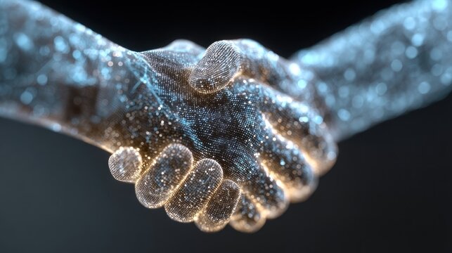 Digital hands shake on transparent background