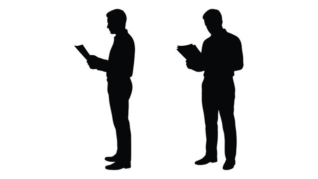 Man reading document silhouette against a white background simple black form