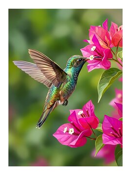 Hummingbird feeding on vibrant pink flowers in a lush garden