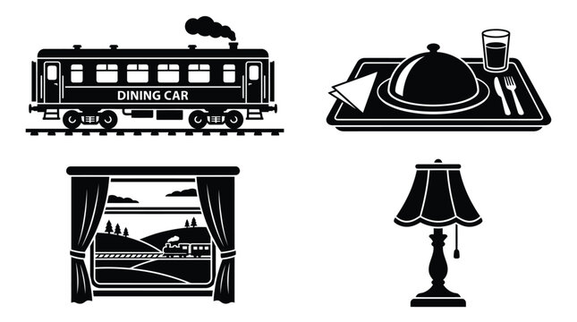 Train Dining Car Table Setting And Lamp Silhouettes On White