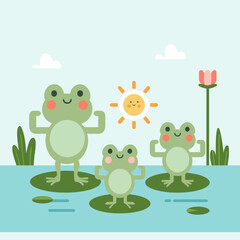 Obraz premium Cute Frog Family Exercising Together Flat Vector Illustration