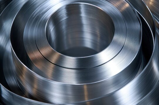 Shiny rolled stainless steel coils forming concentric circular rings with brushed reflective surfaces, conveying cold sleek industrial precision and high-tech manufacturing