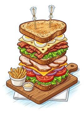 Large multi layered club sandwich with fries on a wooden board