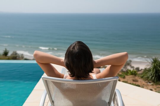 Woman relaxing on a sun lounger by an infinity pool with a scenic ocean sea view