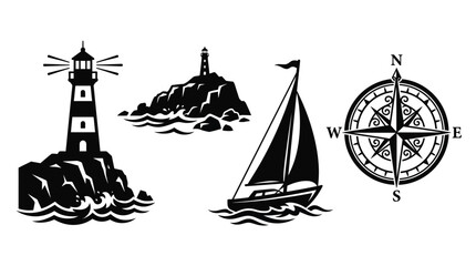 Nautical Silhouettes Lighthouse Sailboat And Compass On White Background © Tamim