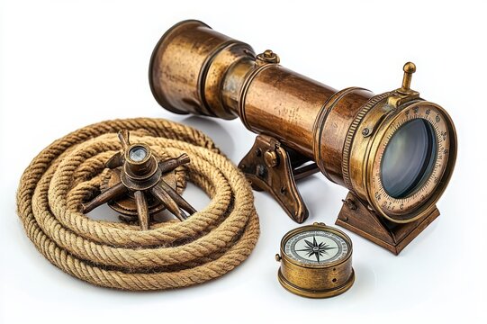antique brass spyglass telescope, brass compass, coiled natural rope and small wooden ship wheel on white background, evoking nautical adventure and discovery