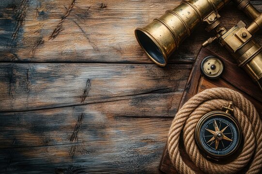Vintage brass telescope, compass and coiled rope on weathered wooden table, evoking adventurous nautical exploration and nostalgic mood