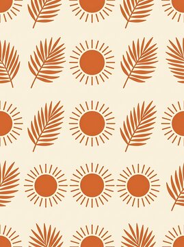 Terracotta sun and palm leaf seamless pattern in boho style