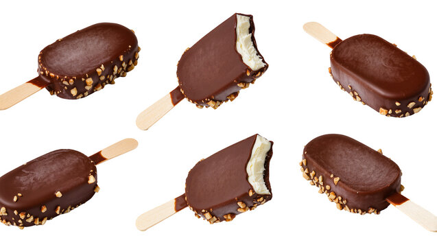 Isolated sweet chocolate covered nut ice cream bars, with two showing a delicious bite