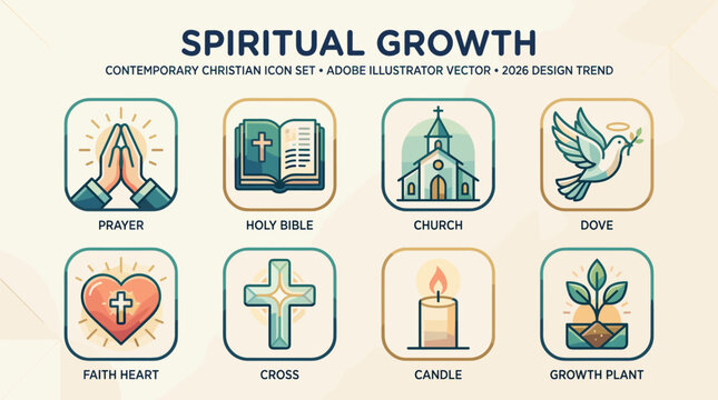 Modern Spiritual Growth Christian Faith Line Art Icon Set Vector Illustration with Soft Pastel Colors and Minimal Outline Style