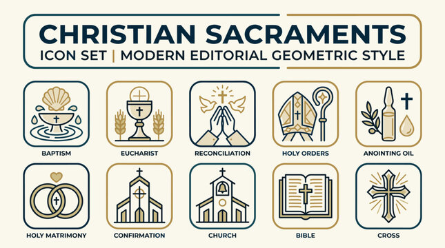 Modern Geometric Christian Sacraments and Sacred Ceremony Icon Set Vector Illustration with Elegant Gold and Blue Line Art
