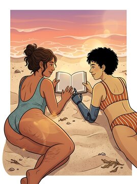 Diverse women reading together on a beach at sunset