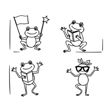Four frogs set with black and white vector illustrations in square frames featuring playful poses, cheerfulness, whimsy with minimalism and line art
