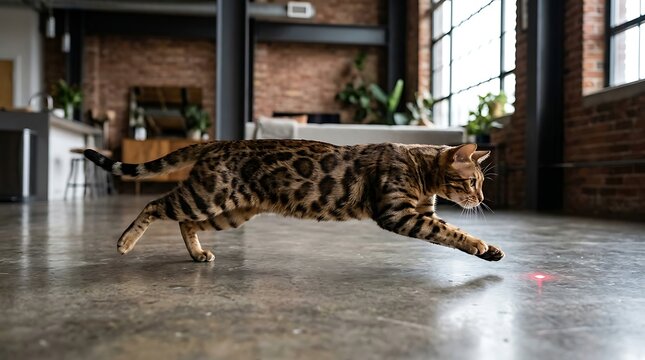 Bengal cat chasing a red laser pointer dot in a modern loft