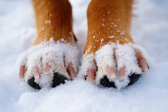 close-up of two reddish-brown dog paws in snow showing nails and black pads, intimate winter detail with a playful chilly feeling