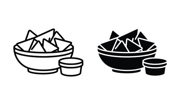 Delicious nachos with dip icon set. Containing nachos, chips, dip, and snack icons. Vector illustration