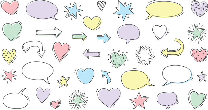 vector doodle speech bubbles arrows hearts stars bursts pastel sketch elements playful abstract shapes editable design