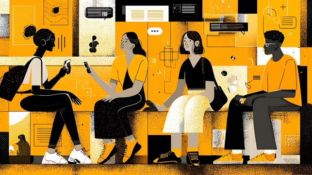 Cartoon office workers sitting at desks with laptops and papers in a yellow office setting
