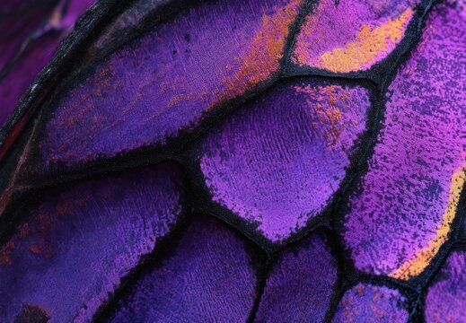 Mesmerizing close-up of iridescent purple and gold insect wing scales with black vein outlines and textured mosaic pattern