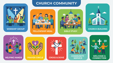 Fototapeta premium Bright Christian Church Community and Fellowship Flat Icon Set Vector Illustration with Colorful Rounded Square Design