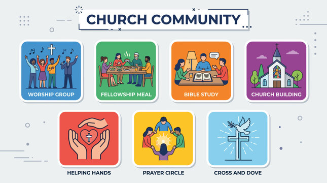 Colorful Christian Church Community Worship and Fellowship Flat Icon Set Vector Illustration with Modern Rounded Square Design