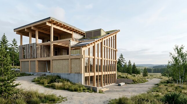 Modern sustainable house construction site featuring a timber frame structure, green sod roof, large glass panels, and concrete foundation on a scenic grassy hillside.