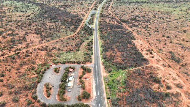 Aerial View of Stuart Highway at the Border Rest Area Between South Australia and the Northern Territory, Australian Outback