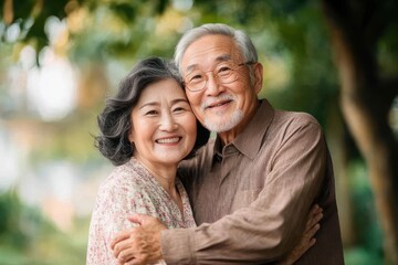 Fototapeta premium older couple embracing in a park with warm affectionate expression, peaceful outdoor moment among trees