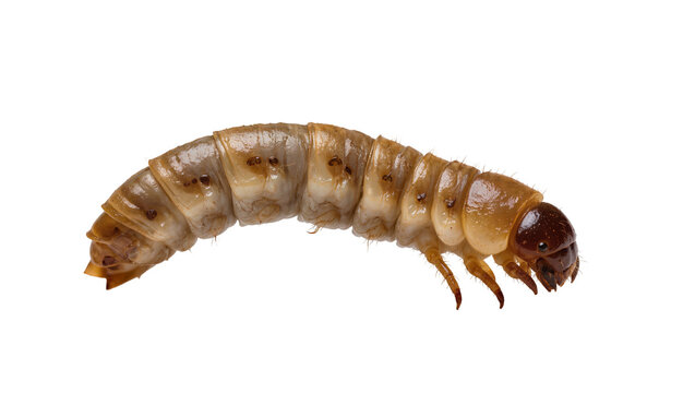 Isolated detailed view of a cream-colored beetle larva, commonly known as a grub insect.