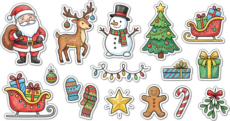 Fototapeta premium Cute Christmas stickers vector set featuring Santa Claus reindeer snowman tree gingerbread man and sleigh