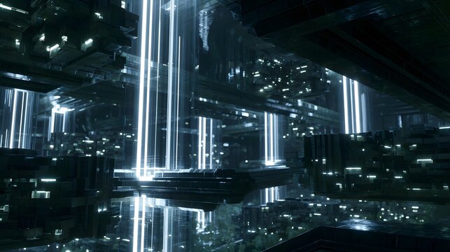 A futuristic underground cityscape with towering illuminated vertical beams casting light on multi tiered dark structures