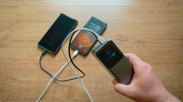 Dual charging from power bank using two cables portable charger powering two smartphones. Battery indicator on screen showing remaining capacity during charging. Simultaneous power delivery to