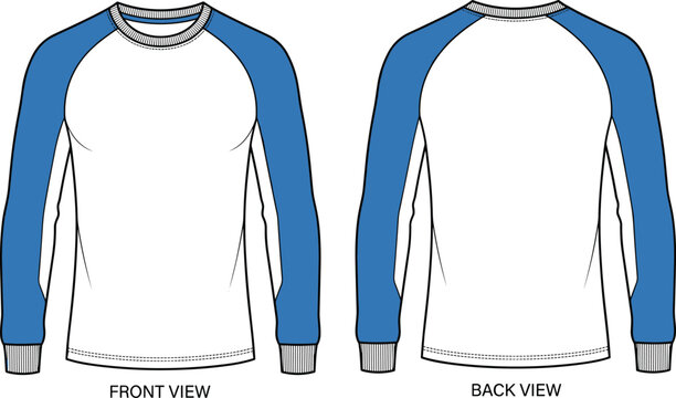 Mens athletic raglan long sleeve shirt fashion technical flat sketch template showing front back views