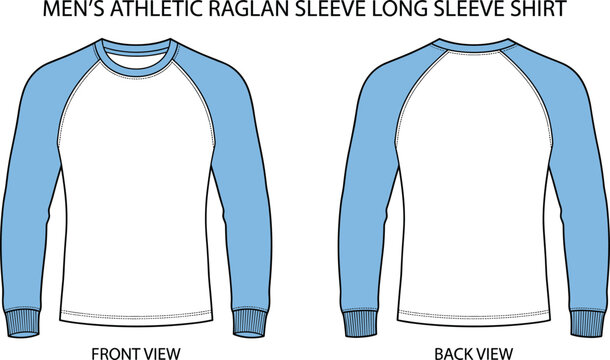 Mens athletic raglan long sleeve shirt fashion technical flat sketch template with front back views