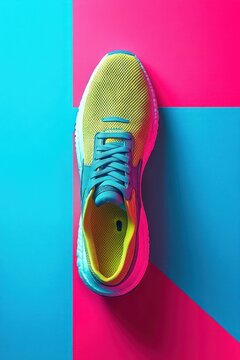 top view of a neon yellow athletic sneaker with blue laces on a vibrant cyan and magenta geometric background, energetic playful mood