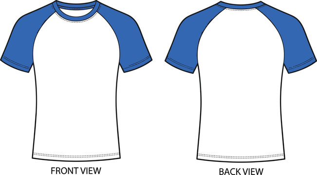 Mens athletic raglan short sleeve t shirt fashion technical flat sketch template showing front back views