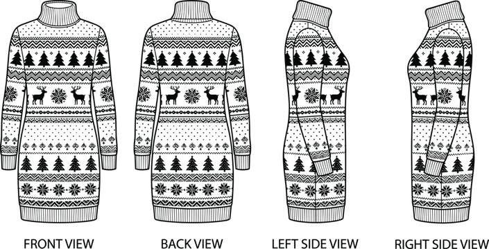 Technical flat sketch of a women's christmas sweater dress with festive fair isle pattern