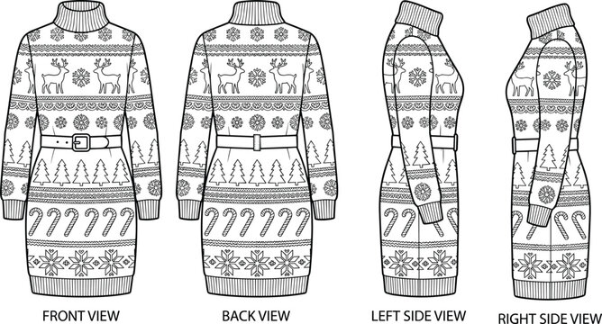 Technical flat sketch of women's belted christmas sweater dress with winter fair isle pattern