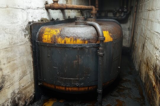 rusty yellow industrial storage tank in narrow grimy basement with corroded pipes and stained white brick walls, evoking decay and neglect