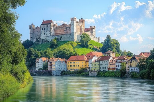 serene sunlit medieval castle atop a lush green hill overlooking colorful riverside houses and a calm reflective river under a bright blue sky with white clouds
