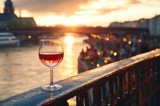 single glass of ros&eacute; on a bridge railing overlooking a river at sunset with blurred city lights and a relaxed romantic atmosphere