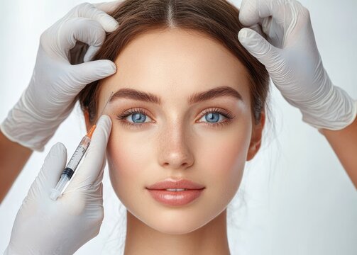 Young woman with blue eyes and clear skin receiving a cosmetic injection near the eyebrow from gloved hands, calm and confident expression