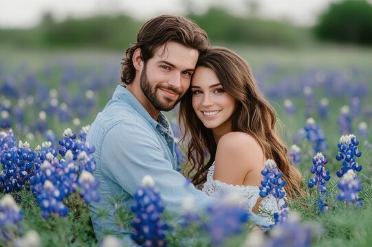 couple embracing in a meadow of blue wildflowers, woman in white off-shoulder dress and man in light denim shirt sharing a serene romantic moment